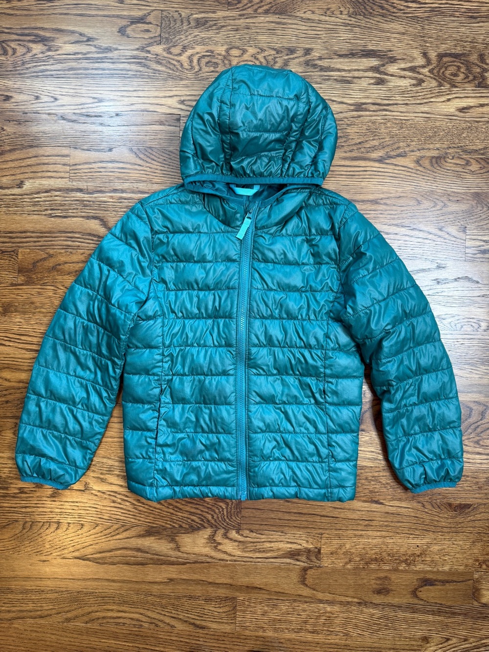 NWOT Primary Kids Spruce / Teal Lightweight Hooded Puffer Jacket Size 8-9